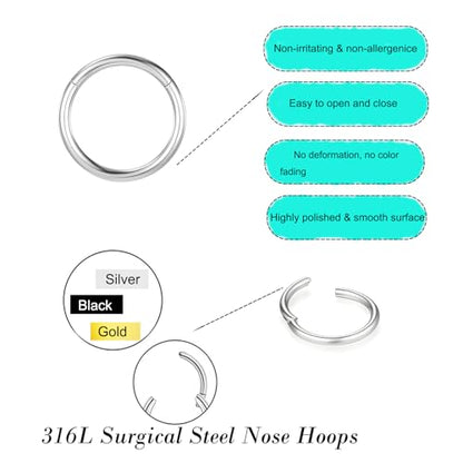4/8Pcs 20G 18G 16G Nose Rings Hoops Surgical Steel | Nose Seamless Hinged Clicker Segment Septum Lip Rings Conch Tragus Cartilage Daith Rook Piercing Jewelry 6mm 8mm 10mm 12mm - color: Black, size: 16G*(6/8/10/12mm)-8pcs