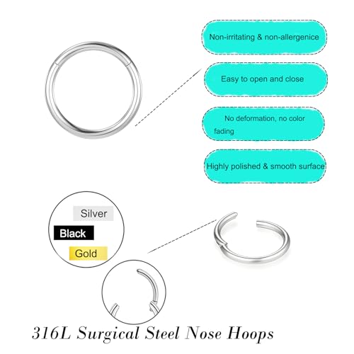 4/8Pcs 20G 18G 16G Nose Rings Hoops Surgical Steel | Nose Seamless Hinged Clicker Segment Septum Lip Rings Conch Tragus Cartilage Daith Rook Piercing Jewelry 6mm 8mm 10mm 12mm - color: Silver&Black, size: 20G*(6/8/10/12mm)-8pcs