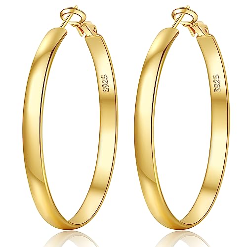 EXGOX 5mm Wide Gold Hoop Earrings for Women,Sterling Silver Hoop Earrings Large Silver Hoop Earrings Hypoallergenic Lightweight 14K Real Gold Plated Big Hoop Earrings for Women 30/40/50/60/70mm - color: Gold Color/70MM