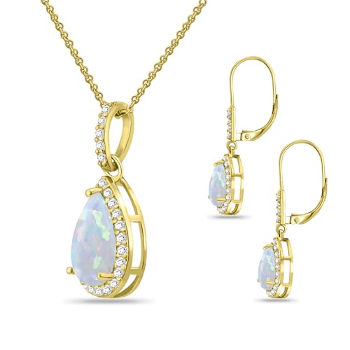 Jewelry Sets for Women, Necklace and Earring Sets for Women, Birthstone Jewelry, Genuine or Synthetic Gemstones, Teardrop Necklace and Dangle Earrings, Pendant Necklace, Sterling Silver Jewelry - color: Synthetic Opal - Yellow Gold