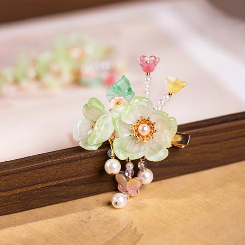 A Pair Wedding Hair Clips, Handmade Floral Design Crystal Hair Clips Pearl Barrettes, Rhinestones Flower Clips Pearl Headpieces Hair Pins Hair Accessories for Women Girls (Light Green) - color: Light Green