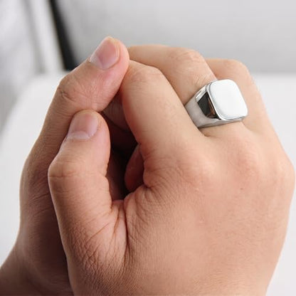 Stainless Steel Square Signet Rings for Men Women Gold/Silver Plain Pinky Thumb Ring, Gift for Dad Husband - color: Square Silver