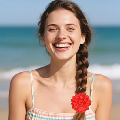 Satin Rose Flower Brooch Hair Clip for Women 4.3 Inch Floral Pin for Hats Dress Everyday Outfits Beach Vacations - color: Red