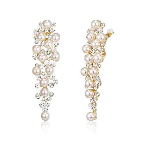 EleQueen Wedding Clip on Sparkle Simulated Pearl Rhinestone Crystal Chandelier Dangle Earrings for Bride Bridesmaid - color: Ivory Gold-Tone