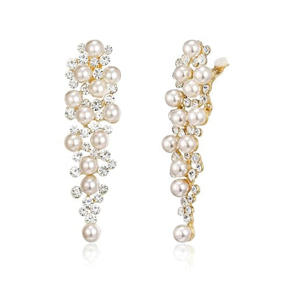 EleQueen Wedding Clip on Sparkle Simulated Pearl Rhinestone Crystal Chandelier Dangle Earrings for Bride Bridesmaid - color: Ivory Gold-Tone