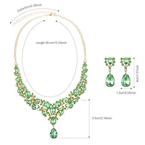 Hicarer Bridal Teardrop Cluster Crystal Jewelry Set for Women Necklace Earrings Wedding - color: Green Gold