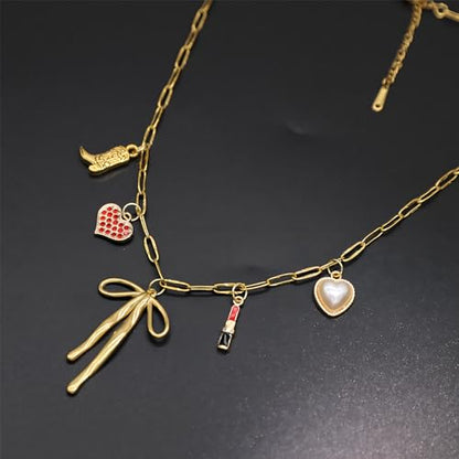 JNF Cute Shell Conch Boho Charm Necklace for Women Sun Moon Star Coin Heart Flower Boot Bow Charms Necklaces Summer Beach Jewelry - color: bow charm necklace