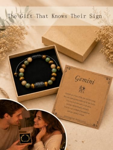 Zodiac Bracelet for Women and Men, Zodiac Sign Natural Stone Beaded Bracelet, Adjustable Horoscope Astrology Bracelet with Zodiac Card, Birthday Gift for Her Him - color: Gemini