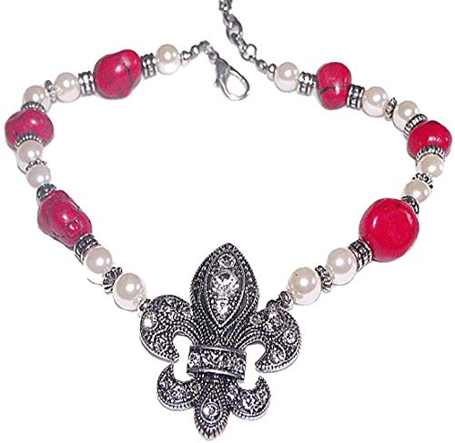 Fashion Jewelry ~ Red Beads and Faux Pearls with Fleur De Lis Charm Boot Anklet Bracelet Boots jewelry for Women T