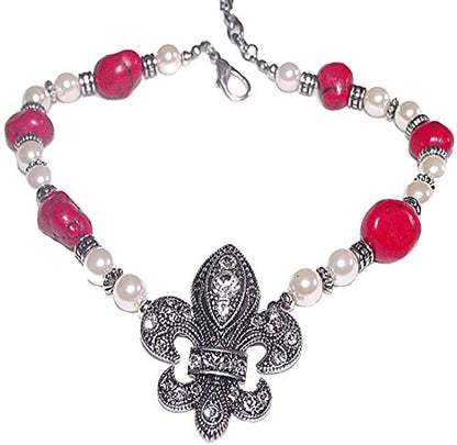 Fashion Jewelry ~ Red Beads and Faux Pearls with Fleur De Lis Charm Boot Anklet Bracelet Boots jewelry for Women T