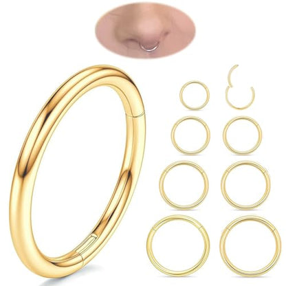 Nose Rings 20G 18G 16G 316L Surgical Steel Hinged Clicker Segment Nose Hoop Helix Cartilage Daith Tragus Sleeper Earrings Body Lip Piercing Jewelry for Women Men 6mm 7mm 8mm 10mm 12mm - style: 08:Gold-16G*6/8/10/12mm(8pcs)