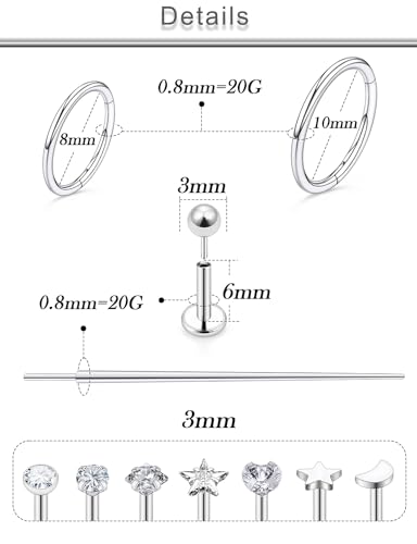20G 18G 16G Threadless Lip Labret Medusa Monroe Nose Piercing Jewelry Surgical Steel Snake Bites Lip Rings Flat Back Push in Cartilage Tragus Helix Conch Earring Stud 6mm 8mm 10mm Bars - color: Silver-20G（0.8mm) - Bars:6mm - Hinged Clicker Rings:8mm 10mm