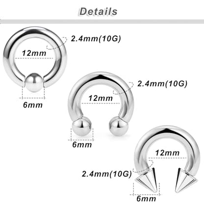 00G 0G 2G 4G 6G 8G 10G 12G 14G 16G Septum Rings Silver Black Surgical Steel Heavy Gauges Earrings Stretching kit Eyebrow Lip Septm Nose Rings Helix Tragus Daith Rook Earrings Hoops 10mm-19mm - color: Silver, size: 10G(2.5mm)-Inner Dia:12mm