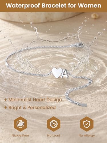 KeyStyle Initial Heart Bracelet for Women Waterproof Stainless Steel Chain | 14K Gold Plated /Silver A-Z Letter Adjustable Charm Bracelet, Hypoallergenic Non Tarnish Dainty Gift for Everyday Wear - color: Silver-C