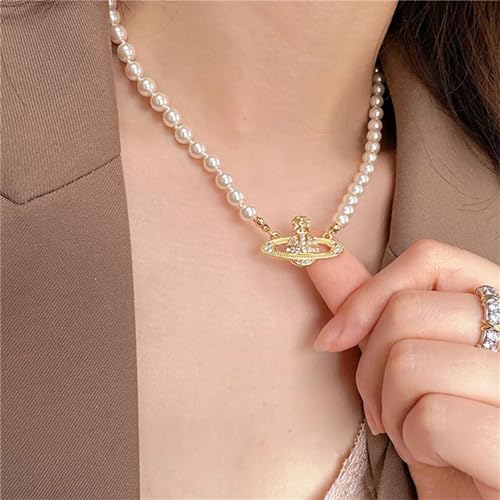Dreuyet Saturn Pearl Necklace and Earrings Set Crystal Planet Earrings Dainty Artificial Pearl Choker Necklace Charm Gifts for Mum Wife Wedding Birthday Anniversary - color: Saturn Earrings Necklace Bracelet Gold