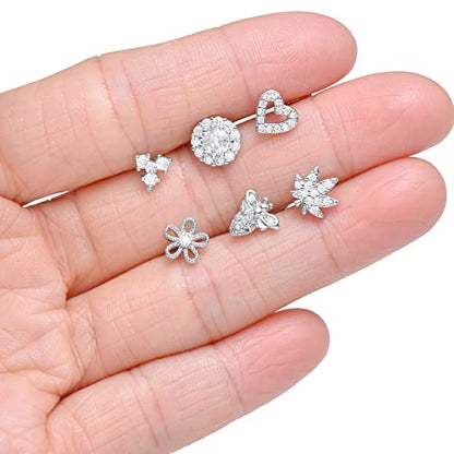 Tornito 16Pcs Nose Stud Rings L Screw Shaped Nose Ring Flower Snake Butterfly Heart Eye CZ Dangle Nose Rings Stud Body Piercing Jewelry for Women Men 20G Silver Pink Tone - color: B:Silver Tone
