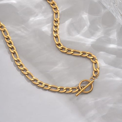 Chunky Gold Necklace for Women, 18K Gold Plated Paperclip, Figaro Link Chain Necklace, Toggle Clasp Necklaces, Trendy Non Tarnish Jewelry, Christmas Gifts - style: Figaro Toggle 17.7''-Gold