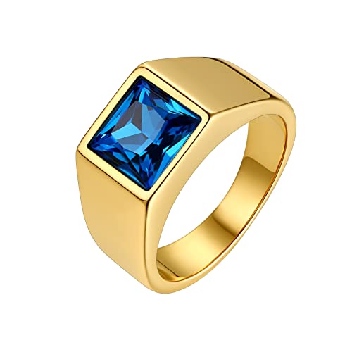 Bestyle Stainless Steel Men Signet Ring-Black/Blue Gemstone Band Ring-Classic Simple Thick Men Ring Size 7-14 - color: 01. 8MM Blue Zircon - Gold