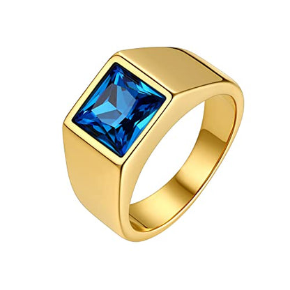 Bestyle Stainless Steel Men Signet Ring-Black/Blue Gemstone Band Ring-Classic Simple Thick Men Ring Size 7-14 - color: 01. 8MM Blue Zircon - Gold