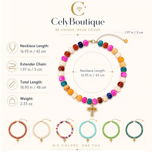 Colorful Resin Chunky Beaded Necklace for Women Modern Statement Choker Necklace with Gold Tone Cross Pendant Boho Summer Jewelry Gift - color: Multicolor-1