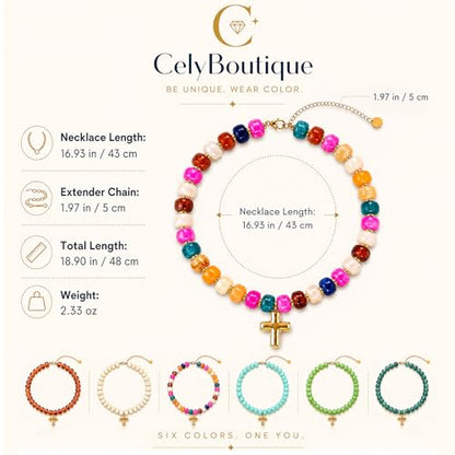 Colorful Resin Chunky Beaded Necklace for Women Modern Statement Choker Necklace with Gold Tone Cross Pendant Boho Summer Jewelry Gift - color: Multicolor-1