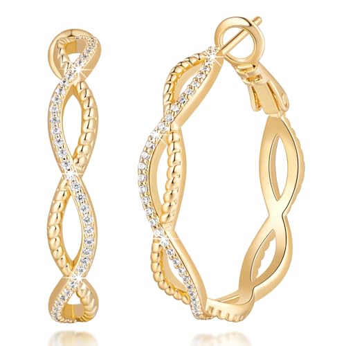 Gold Hoop Earrings for Women 14K Gold Earrings for Women | Twist CZ Gold Hoop Earrings 14K Gold Hoop Earrings Hypoallergenic Lightweight Gold Hoop Earrings for Women 20/25/30/40/50mm - size: 30MM