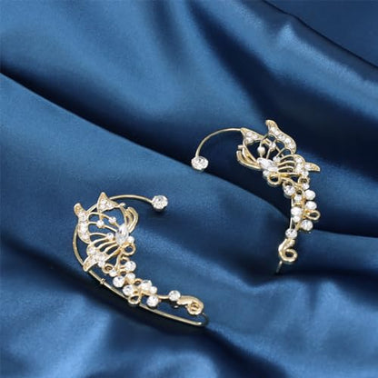 2Pcs Butterfly Ear Cuffs Rhinestone Clip On Earrings | Rhinestone butterfly ear cuffs with non piercing clip on design; silver ear wrap climber jewelry for parties and weddings - style: Style A Gold
