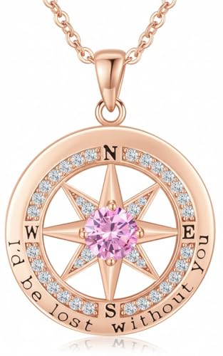 Compass Necklace for Women Wife Girlfriend Mom Daughter Gifts | S925 Silver Jewelry For Anniversary 18K Rose Gold Gifts For Birthday Christmas Mothers Valentines Day 12 Birthstones - style: 10-October-Rose Gold