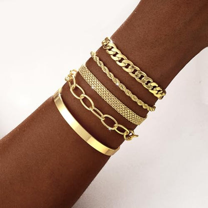 Dainty Bracelet for Women 14K Gold Plated Cross Pearl CZ Leaf Bracelets Set Gold Layering Bracelets Everyday Jewelry - color: 5 Layer Cuff Set -GD