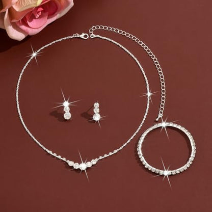 Silver Wedding Prom Jewelry Sets Sparkling Crystal Chain Necklace Earrings Bracelet Set Rhinestone Wedding Set Formal Prom Costume Jewelry Sets for Women and Brides - color: Silver