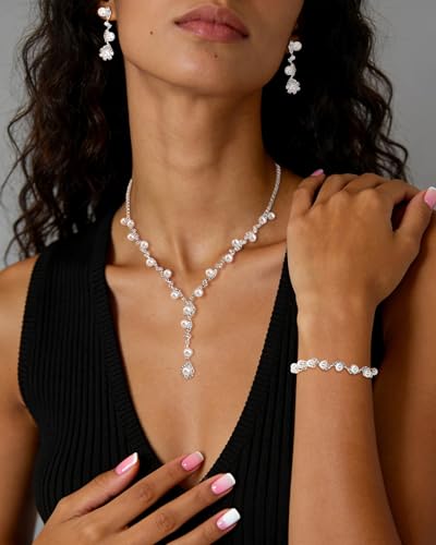 Pearl Jewelry Set for Women with Cubic Zirconia and Pearl Dangle Bridal Earrings Necklace Bracelet Set for Wedding Jewelry