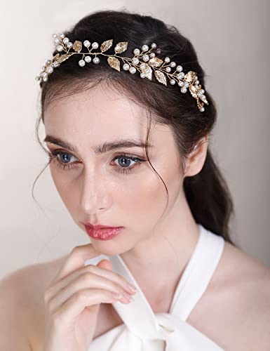 Chargances Bridal Pearl Crystal Hair Vine Comb Wedding Gold Long Headband Hair Comb Fashion Handmade Headpiece Bridal Hair Accessories for Wedding Prom Flower Girl (Gold) - color: Gold