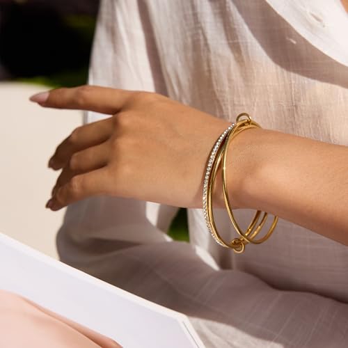 Stackable Bangle Bracelets for Women 18K Gold Plated Stainless Steel Non Tarnish Bangles 8 inch Bracelet Stack Trendy Women's Jewelry Gift - color: Gold, size: 7.5 inch
