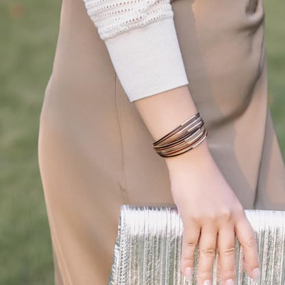 Gold Tube Leather Wrap Bracelets Boho Chunky Stackable Layered Western Cuff | Stacked Bohemian Cool Magnetic Clasp Bangles Statement Cowgirl Hippie Country Festival Accessories for Women Trendy - color: Brown