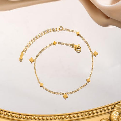 Dainty Gold Anklets for Women Stainless Steel Simple Ankle Bracelets Summer Beach Foot Chain Jewelry Gift - color: Rhombus