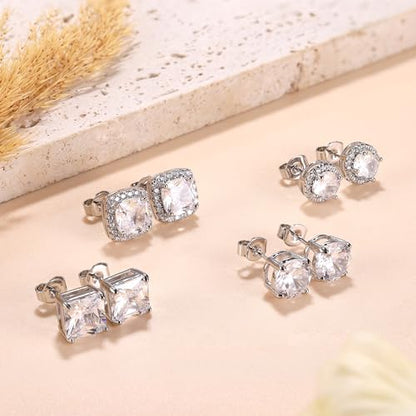 MILACOLATO S925 Sterling Silver Stud Earrings for Women Men Hypoallergenic 18K Gold Plated Cubic Zirconia Earrings Studs Brilliant Simulated Diamond Halo Earring for Sensitive Ears - style: 18K White Gold Plated Earrings - Standard Size CZ