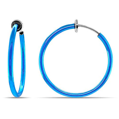 Clip On Spring Hoop Earrings for Non-Pierced Ears - color: Blue, size: 30mm