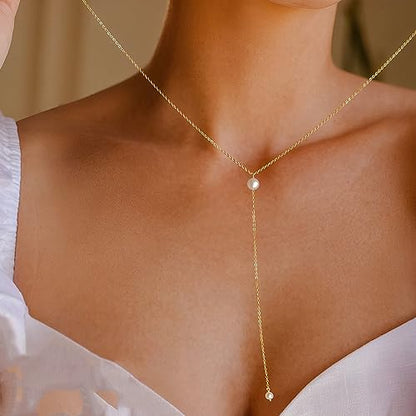 Dainty Gold Necklace for Women, Cute Long Necklace 14K Gold Plated CZ Lips Bead Y Shaped Lariat Necklace Simple Gold Choker Necklace Aesthetic Drop Necklace Trendy Gold Jewelry for Women - color: Gold-Long Pearl Necklace