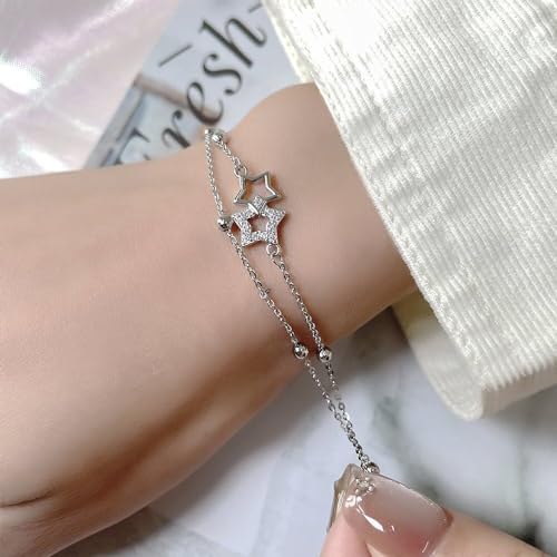 kelistom 925 Sterling Silver Bracelets for Women Teens, Love Heart Charm Chain Bracelet Bangle Fashion Jewelry Gifts - color: Double star-white