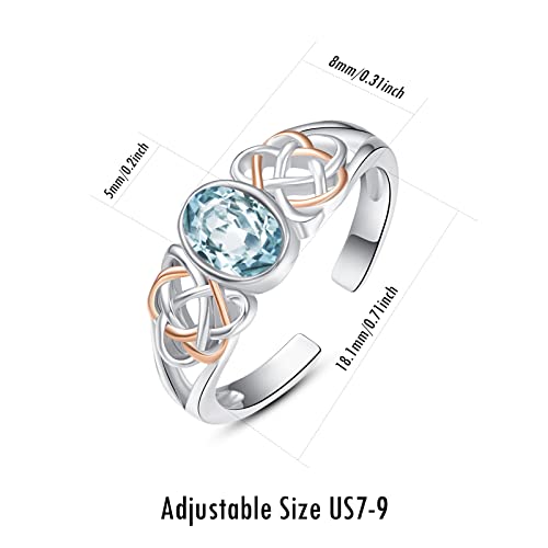 PRAYMOS 925 Sterling Silver Ring Birthstone Ring Turquoise Moss White Opal Ring for Women Celtic Knot Open Adjustable Thrumb Ring - color: Blue Aquamarine