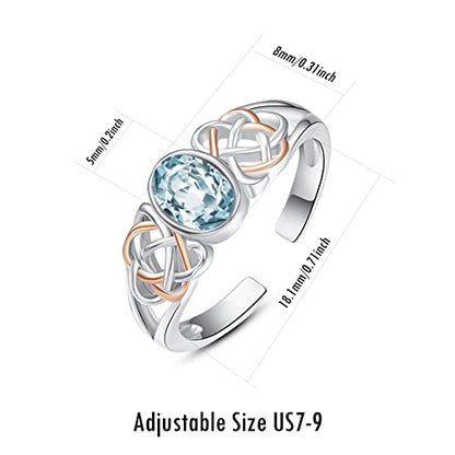 PRAYMOS 925 Sterling Silver Ring Birthstone Ring Turquoise Moss White Opal Ring for Women Celtic Knot Open Adjustable Thrumb Ring - color: Blue Aquamarine