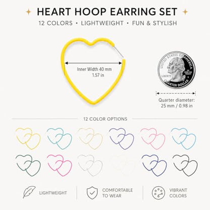 12 Pairs Colorful Classic C Hoop Earrings for Women, 925 Sterling Silver Hypoallergenic Earrings Set, Multi-Color Everyday Dainty Jewelry Gift for Her, Mix and Match - style: Heart Circle