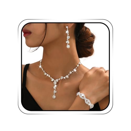 Sixexey Rhinestone Jewelry Set Sparkly Prom Jewelry Necklace for Women | Silver Jewelry Wedding Necklace Jewelry Accessories for Women