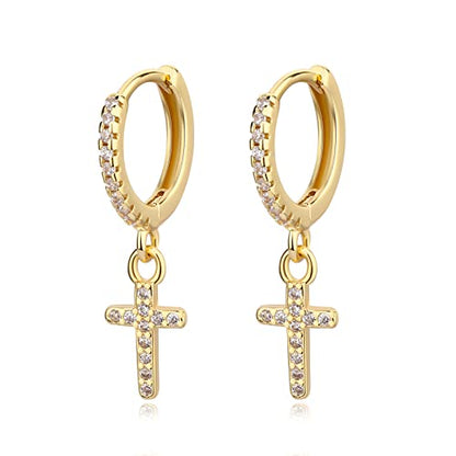 DAILY VIBES Cute Gold Mini Dangle Huggie Hoop Earrings for Women Trendy | 14K Gold Plated, Dainty Cubic Zirconia, Small Hoop Earrings with Charm Drop, Jewelry Gift for Women Ladies - color: Cross CZ