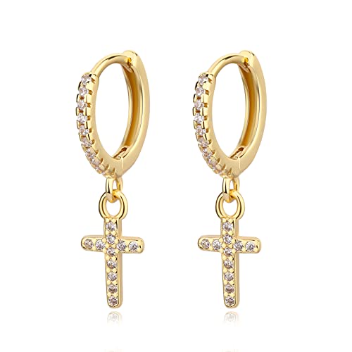 DAILY VIBES Cute Gold Mini Dangle Huggie Hoop Earrings for Women Trendy | 14K Gold Plated, Dainty Cubic Zirconia, Small Hoop Earrings with Charm Drop, Jewelry Gift for Women Ladies - color: Cross CZ