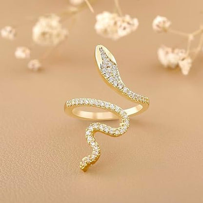 18K Gold Plated Rings for Women and Teen Girls Non Tarnish Cubic Zirconia Fidget Ring Butterfly/Snake/Mesh/Cross/Crown Knuckle Ring Open Adjustable Statement Stacking Chunky Rings - color: Snake