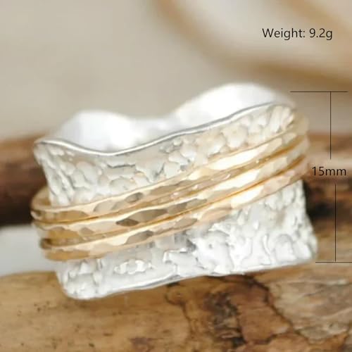 Vintage Hammered Texture Wide Band Ring, 15mm Wide Brass Double Plated (Silver & Gold) with Wavy Edge and Triple Gold Wire Inlay