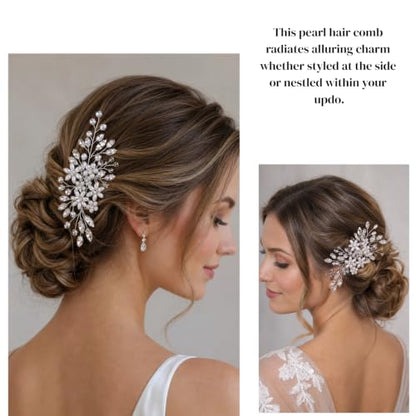 Wedding Hair Comb Pearl Crystal Bridal Hair Piece | Rhinestone Wedding Hair Accessories，Silver Hair Comb Clip for Women Wedding Party - color: silver-346
