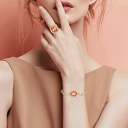 Womens Africa 18k Gold Plated Jewelry Set Crystal Rhinestones Petals Teardrop Cluster Bib Statement Necklace Link Bracelet Dangle Earrings Ring for Prom - color: 06-Peach Rose-Gold-Plated-Base