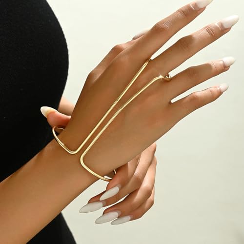 Gold Hand Ring Bracelet for Women Minimalism Trendy Adjustable Bracelet Open Cuff Bangle Jewelry Dainty Body Wrist Bracelet Middle Finger Ring
